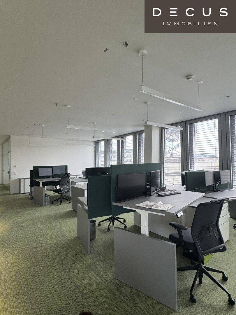 Großraumbüro mit mehreren Arbeitsplätzen, großen Fenstern und ergonomischen Bürostühlen.