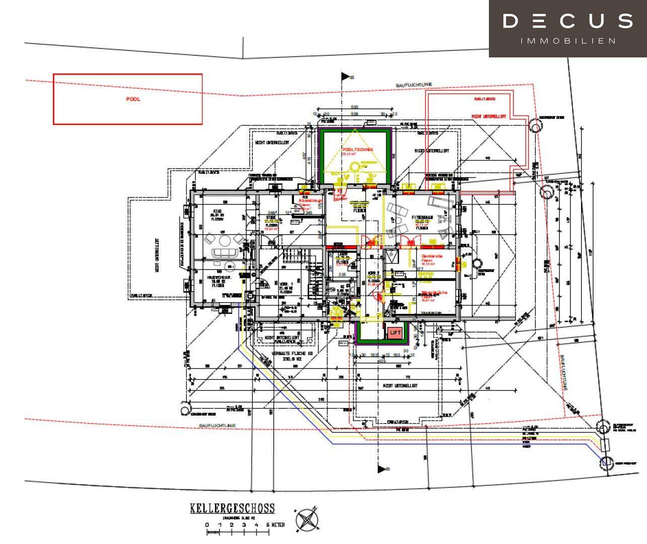 Grundriss des Kellergeschosses mit Technikräumen, Fitnessbereich und Abstellflächen.