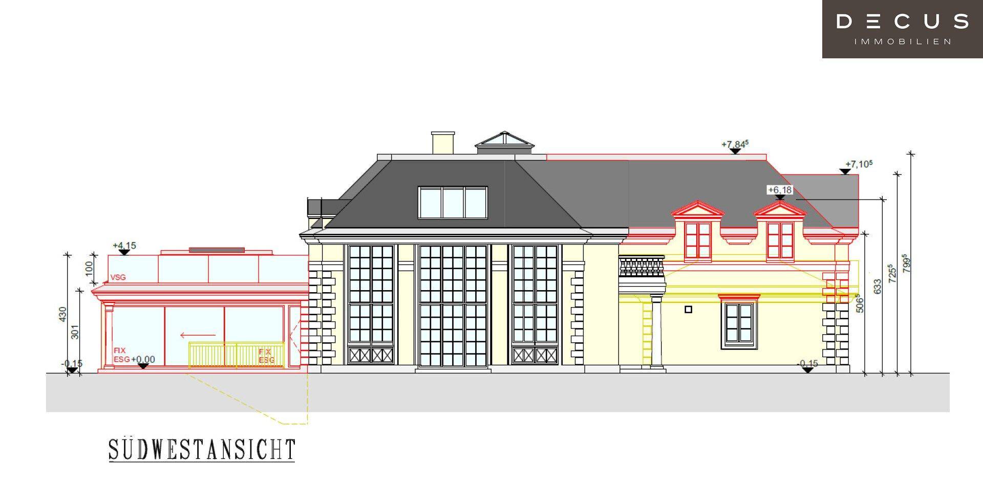 Architektonische Südwestansicht des Hauses mit großen Fensterflächen und Anbau.