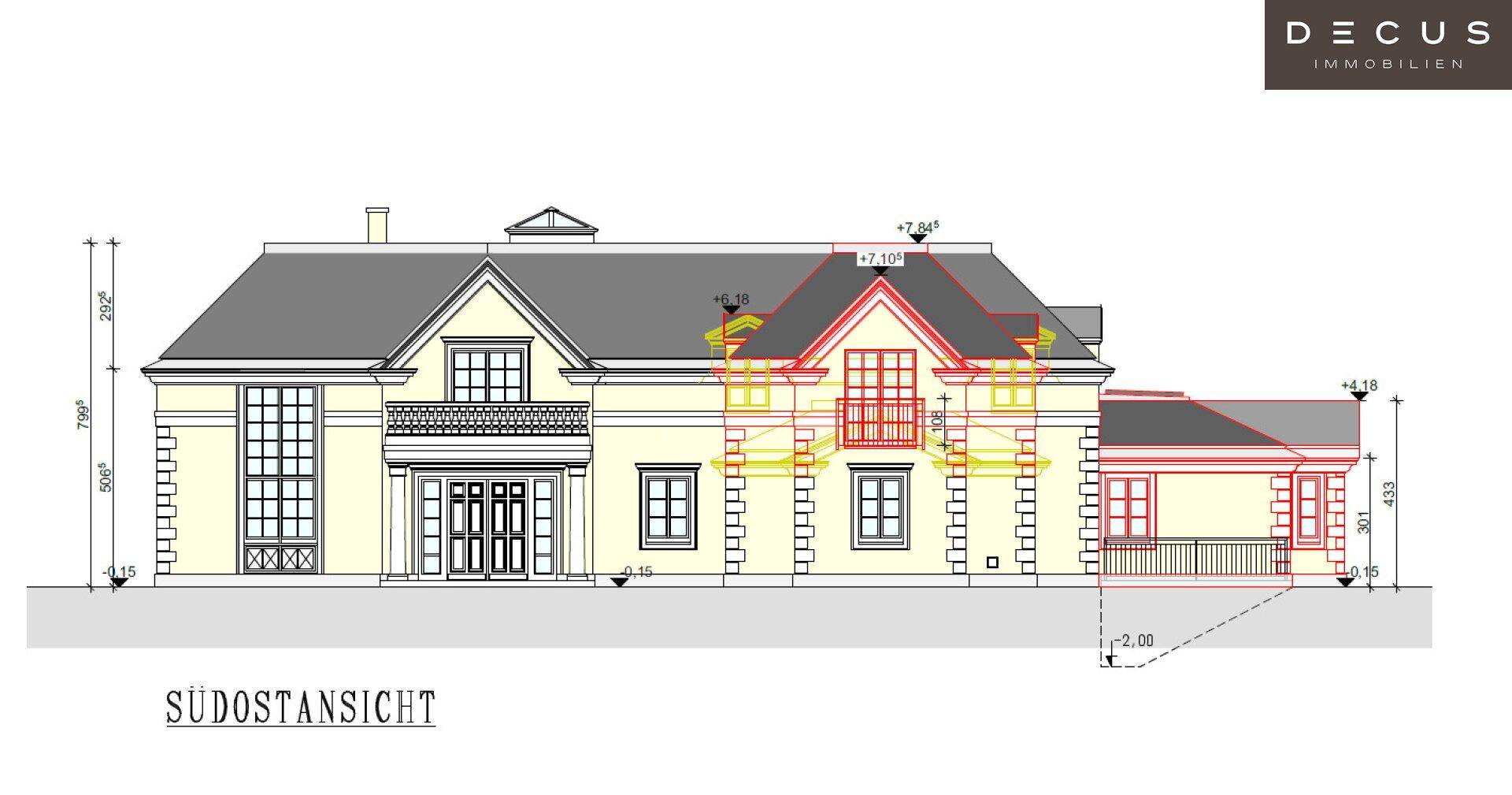 Architektonische Südostansicht des Hauses mit detaillierten Höhenangaben.