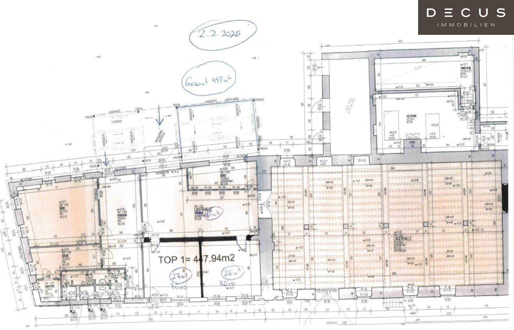 Detaillierter Grundrissplan mit verschiedenen Räumen und handschriftlichen Anmerkungen zur Fläche.