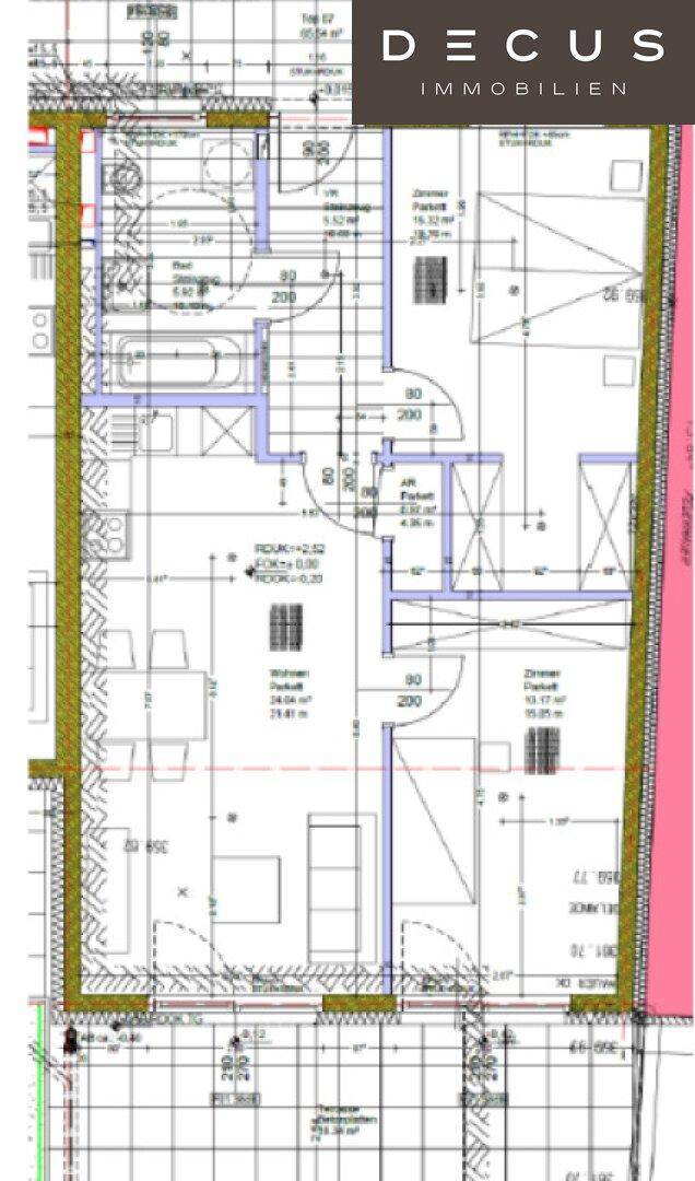 Detaillierter Grundrissplan einer Wohnung mit Bad und offener Wohnküche.