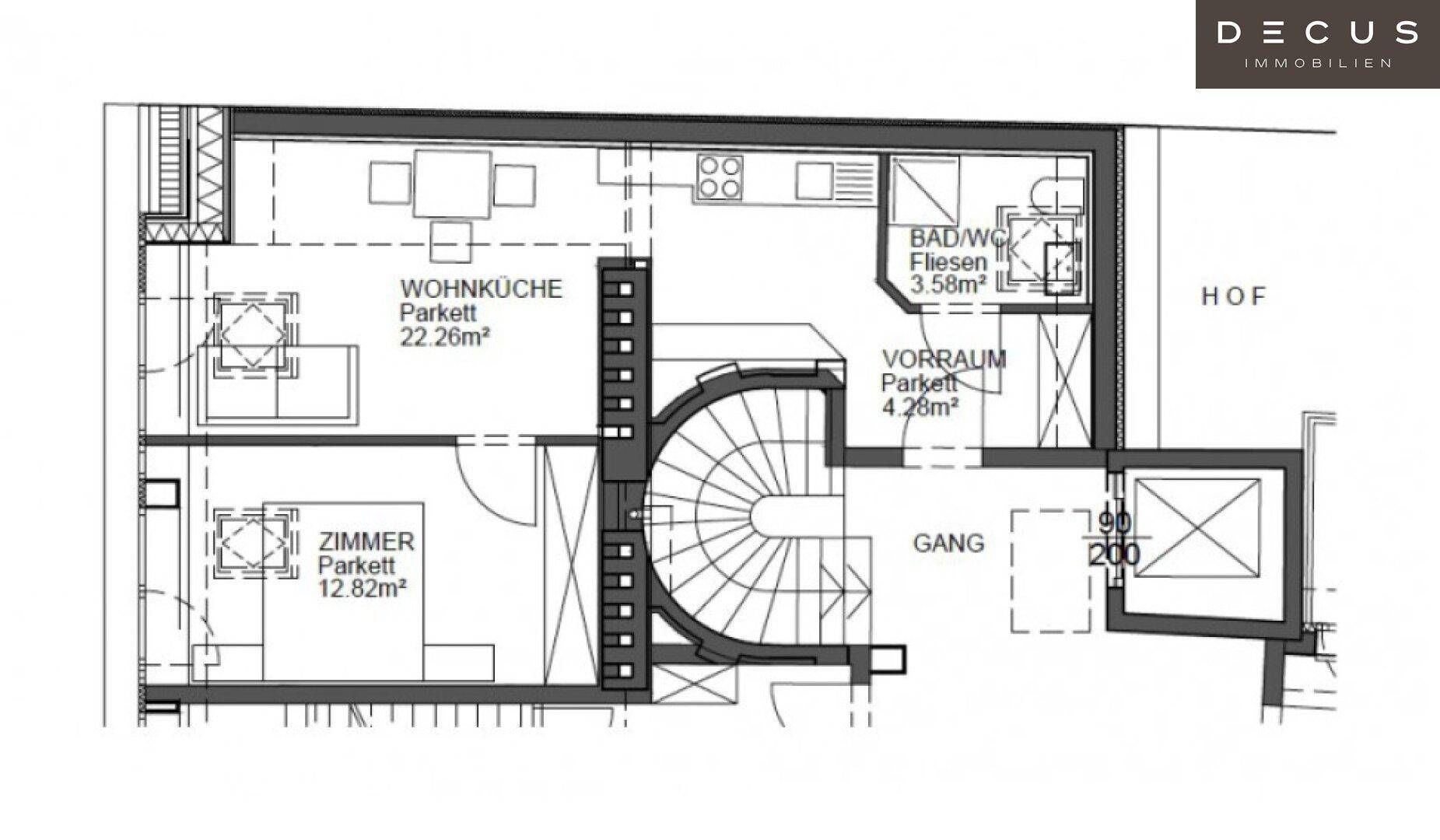 Grundriss des Dachgeschosses mit Wohnküche, Zimmer, Bad und Vorraum.