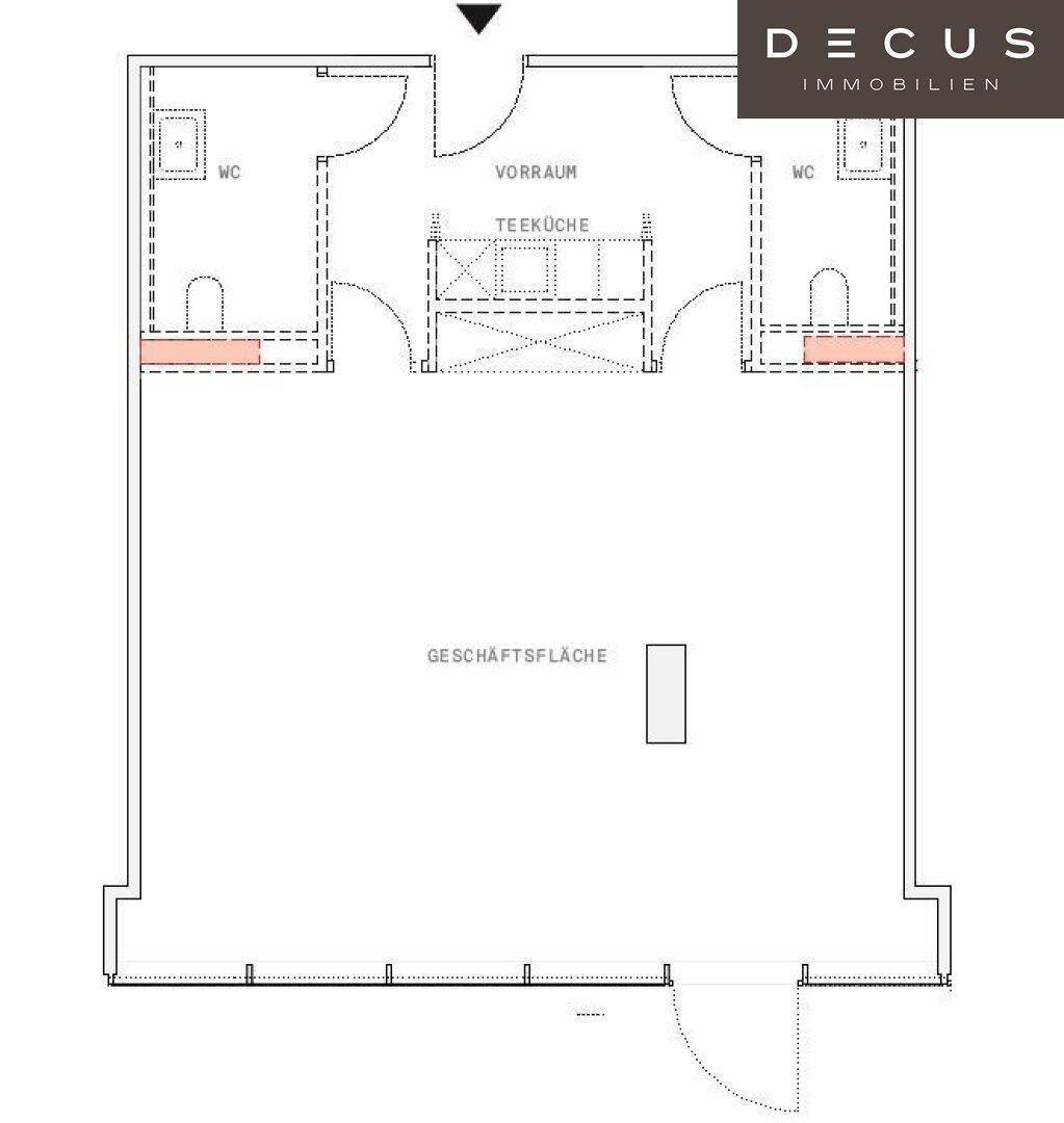Grundriss einer Geschäftsfläche mit Teeküche und zwei separaten Toilettenbereichen.