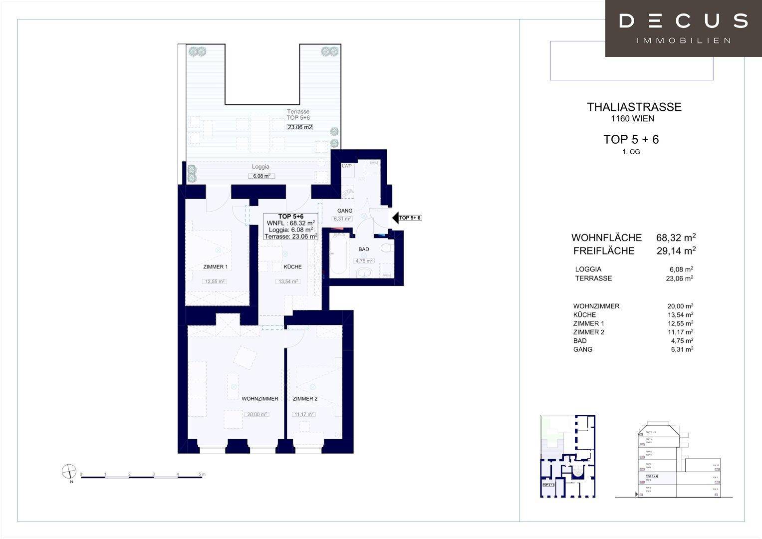 Grundriss der Wohnung Top 5+6 mit Wohnzimmer, zwei Schlafzimmern, Loggia und Terrasse.