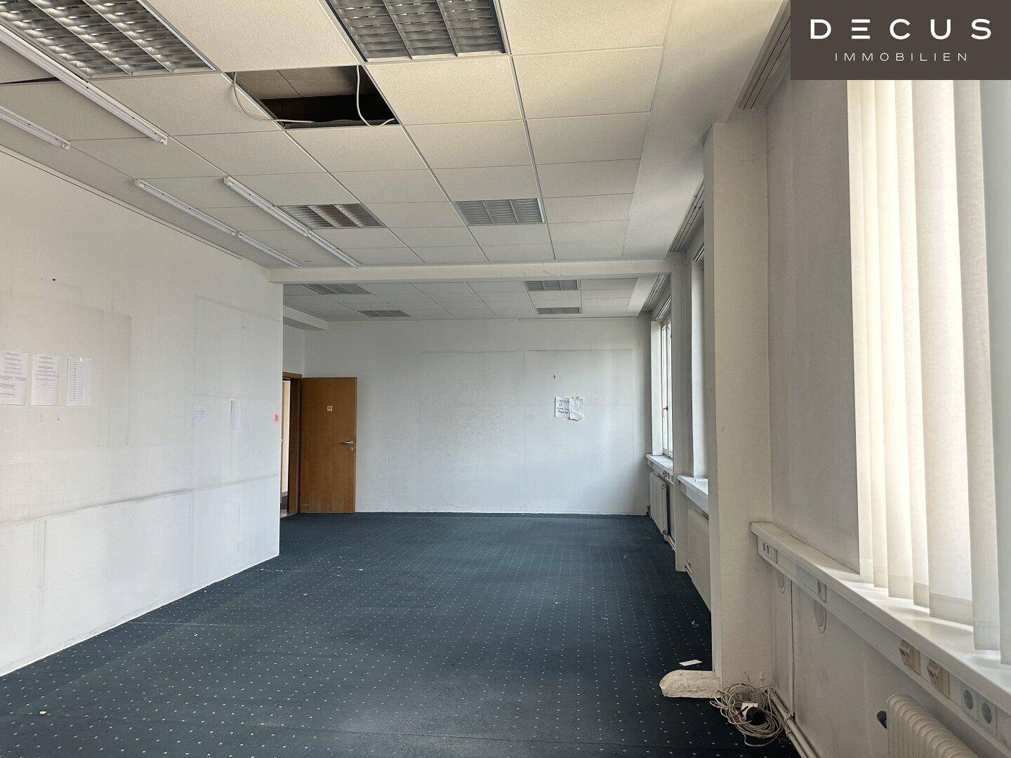 Geräumiges Büro mit Teppichboden und Rasterdecke, bietet flexible Gestaltungsmöglichkeiten für Arbeitsbereiche.