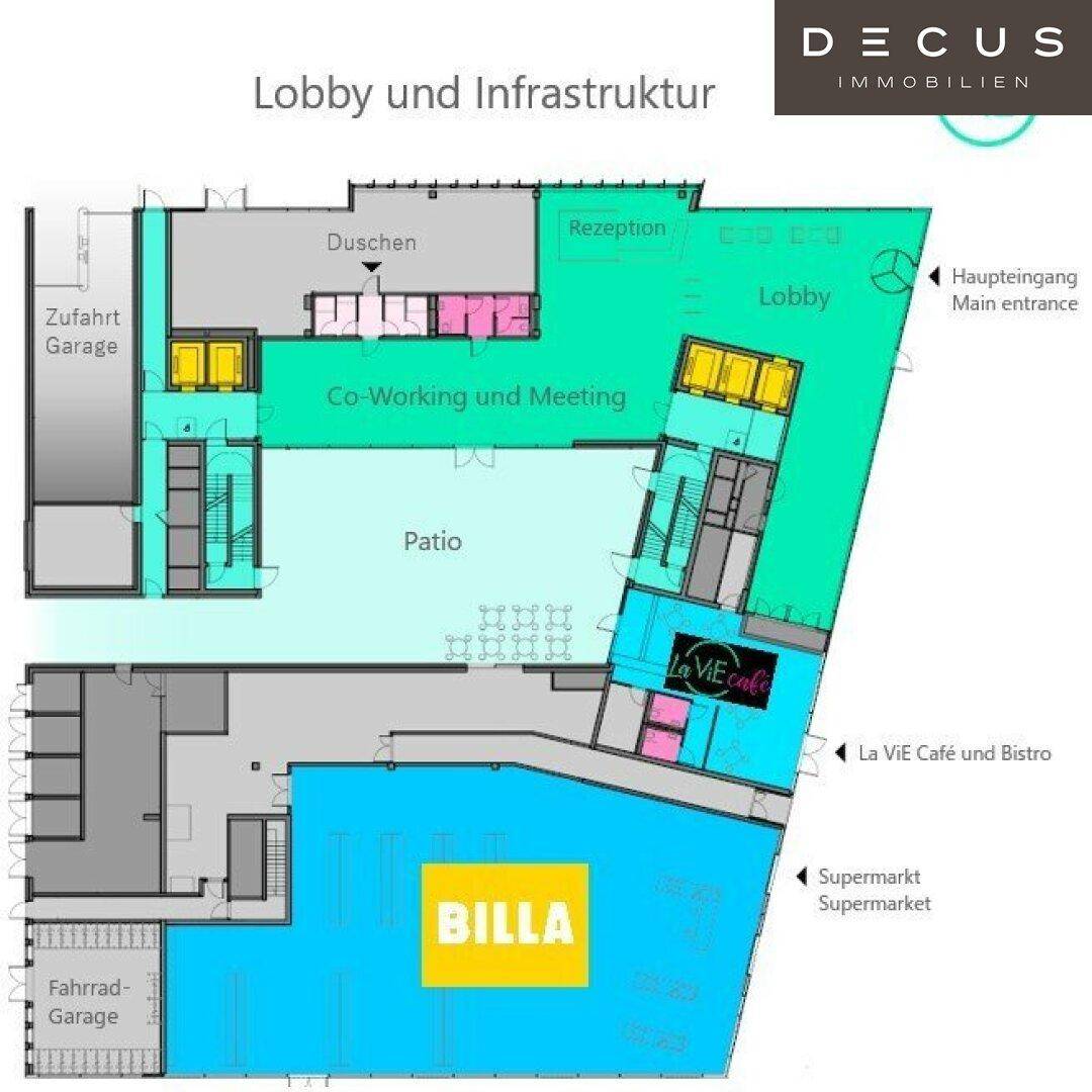 Grundriss des Erdgeschosses mit Lobby, Co-Working-Bereich, Patio und Supermarkt.