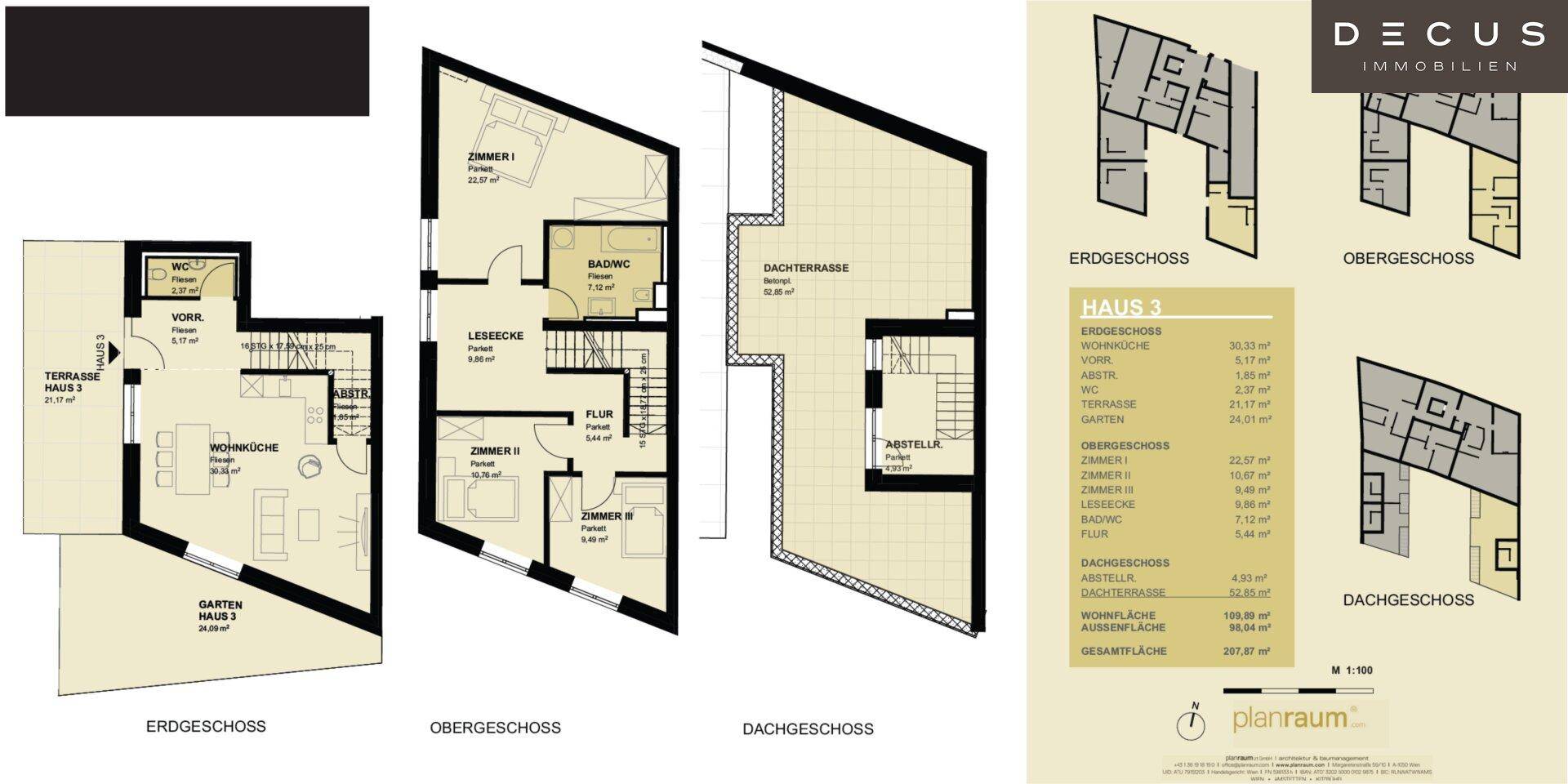 Detaillierter Grundriss von Haus 3 über drei Etagen mit Wohnbereichen und Dachterrasse.
