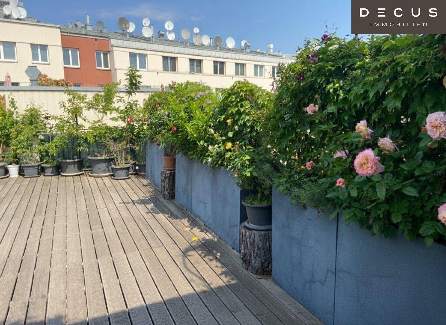 Detailansicht der Dachterrasse mit blühenden Pflanzen in großen Kübeln und einem Holzdeck.