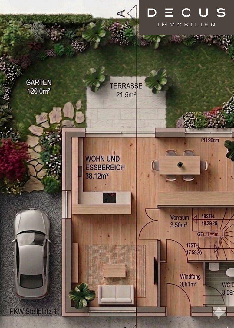 Grundriss des Erdgeschosses mit offenem Wohn- und Essbereich, Terrasse und Garten.