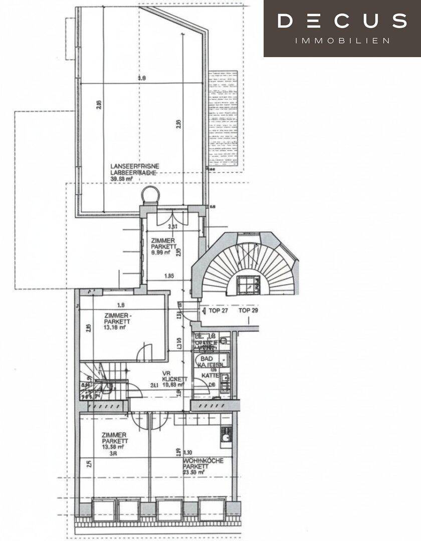 Grundriss der oberen Ebene mit drei Zimmern, Bad und Zugang zur Dachterrasse.