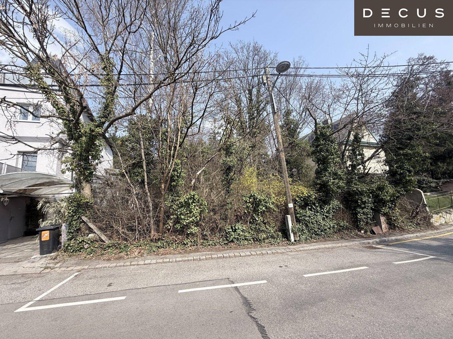 Blick auf ein unbebautes, bewachsenes Grundstück an einer Straße mit einem Gebäude im Hintergrund.