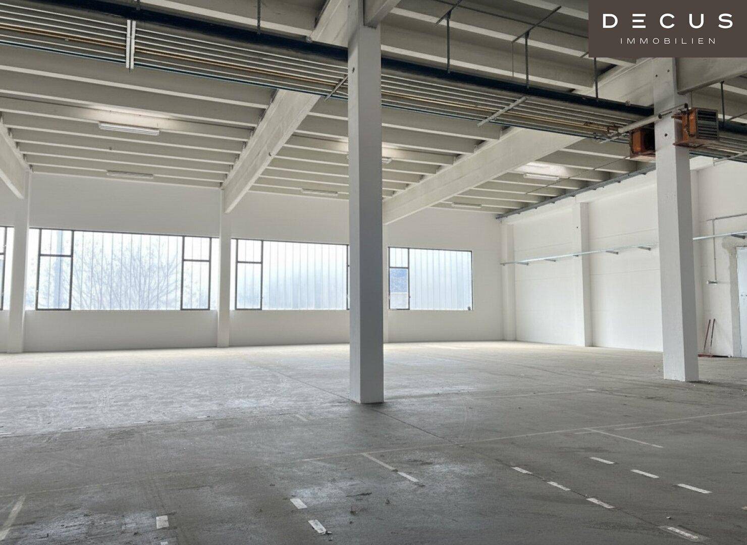 Helle Lagerhalle mit langen Fensterbändern, hohen Decken und einem robusten Betonboden.