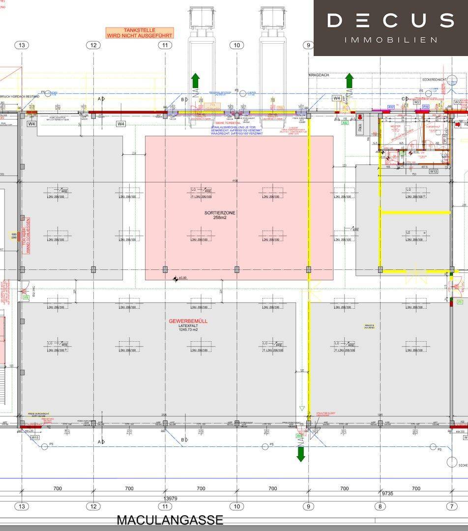 Technischer Grundriss mit Sortierzone, Gewerbemüllbereich und externen Anlagen.