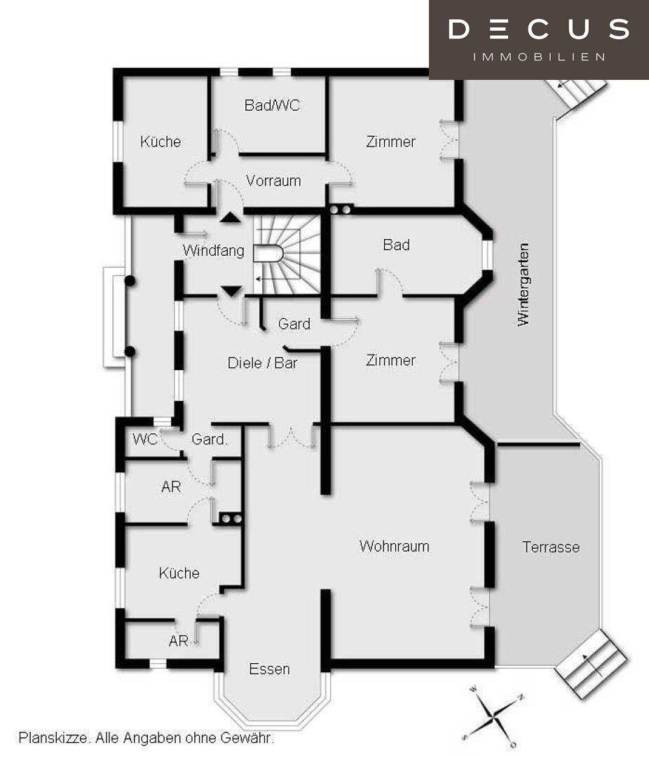 Grundriss des Erdgeschosses mit offenem Wohnbereich, Küche, Zimmern und Wintergarten.