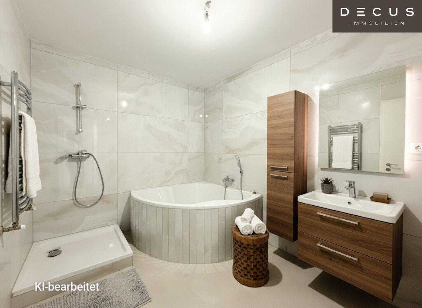 Modernes Badezimmer mit Eckbadewanne, Dusche und eleganten Fliesen.