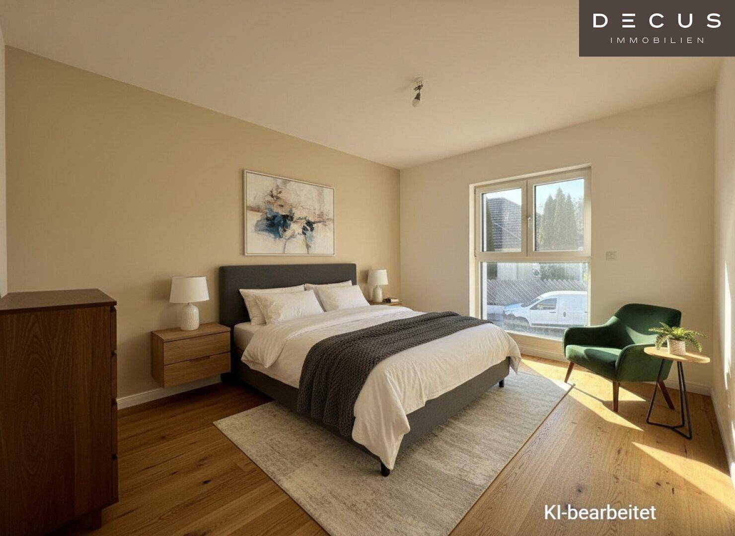 Gemütliches Schlafzimmer mit Holzboden, großem Fenster und moderner Einrichtung in warmen Farbtönen.