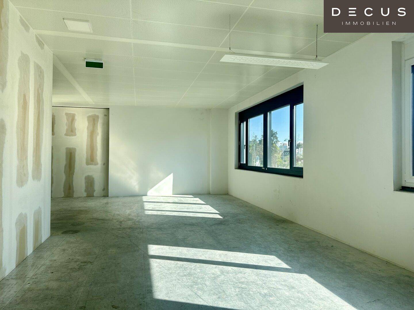 Unfertiger Büroraum mit Betonboden, abgehängter Decke und großen Fenstern für viel Tageslicht.