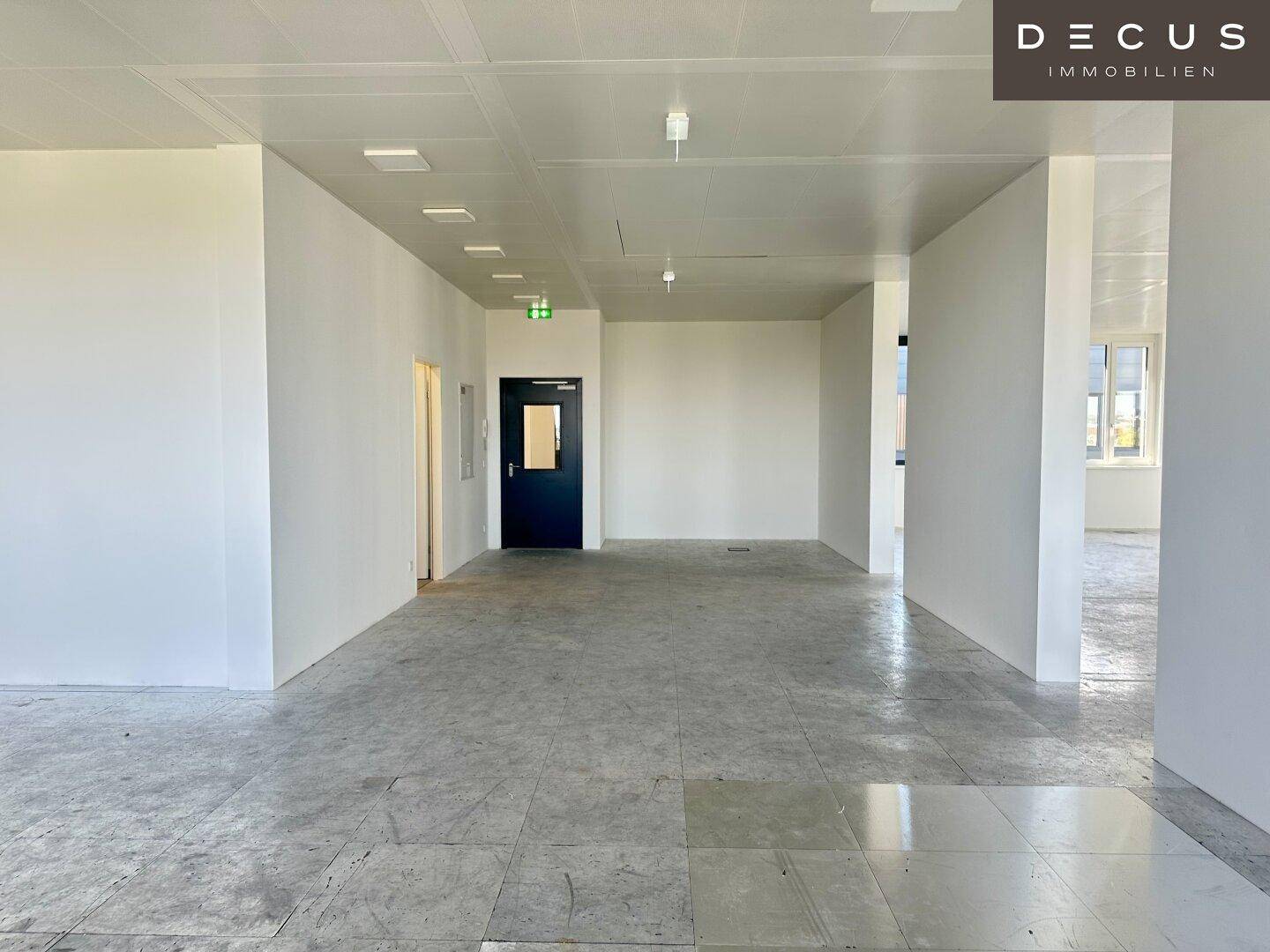 Leerer, offener Bürobereich mit hellen Wänden, einem dunklen Eingang und einem robusten Betonboden.