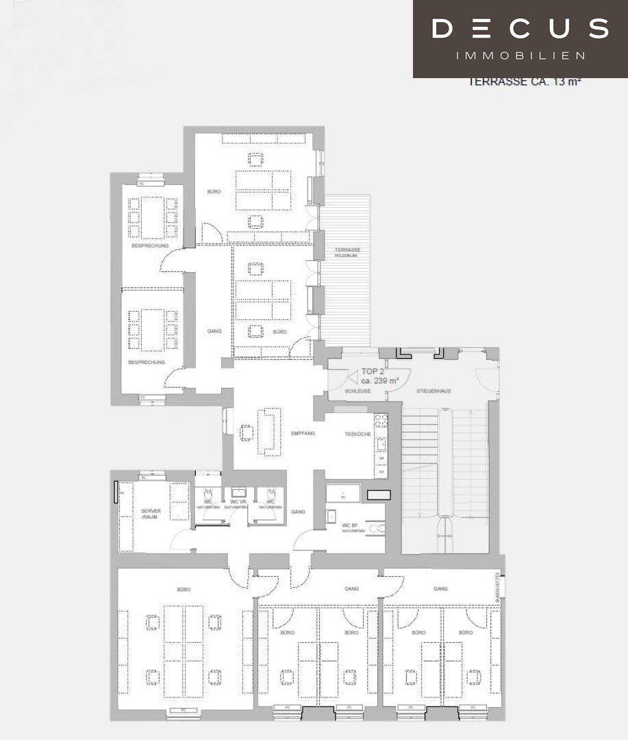 Grundrissplan einer Etage mit mehreren Büroräumen und einer Terrasse von ca. 13 m².