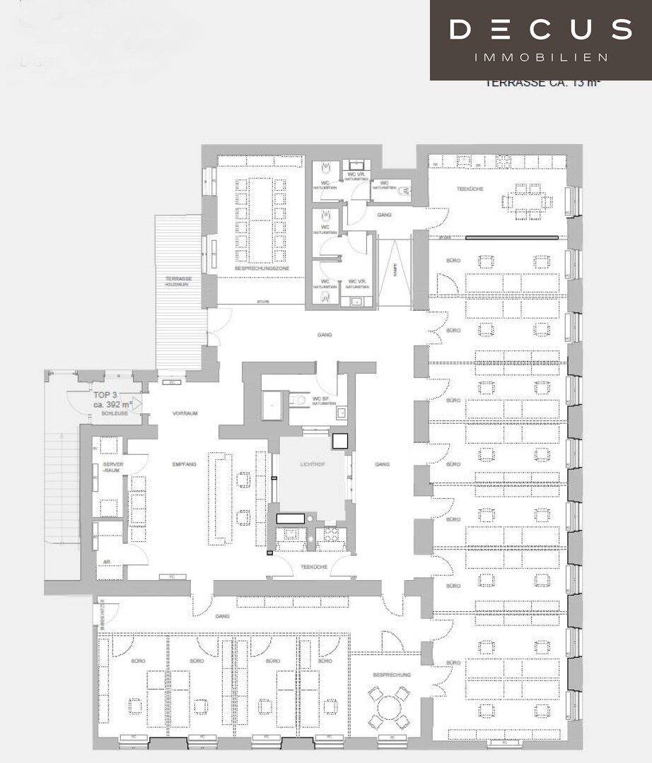 Detaillierter Grundrissplan einer Etage mit verschiedenen Bürobereichen und einer Terrasse von ca. 13 m².