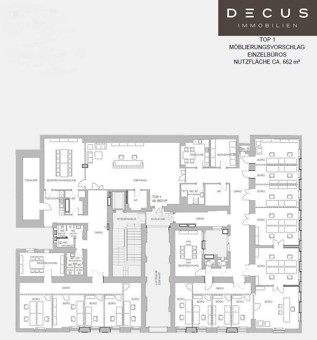 Detaillierter Möblierungsvorschlag für ein Einzelbüro mit einer Nutzfläche von ca. 662 m².