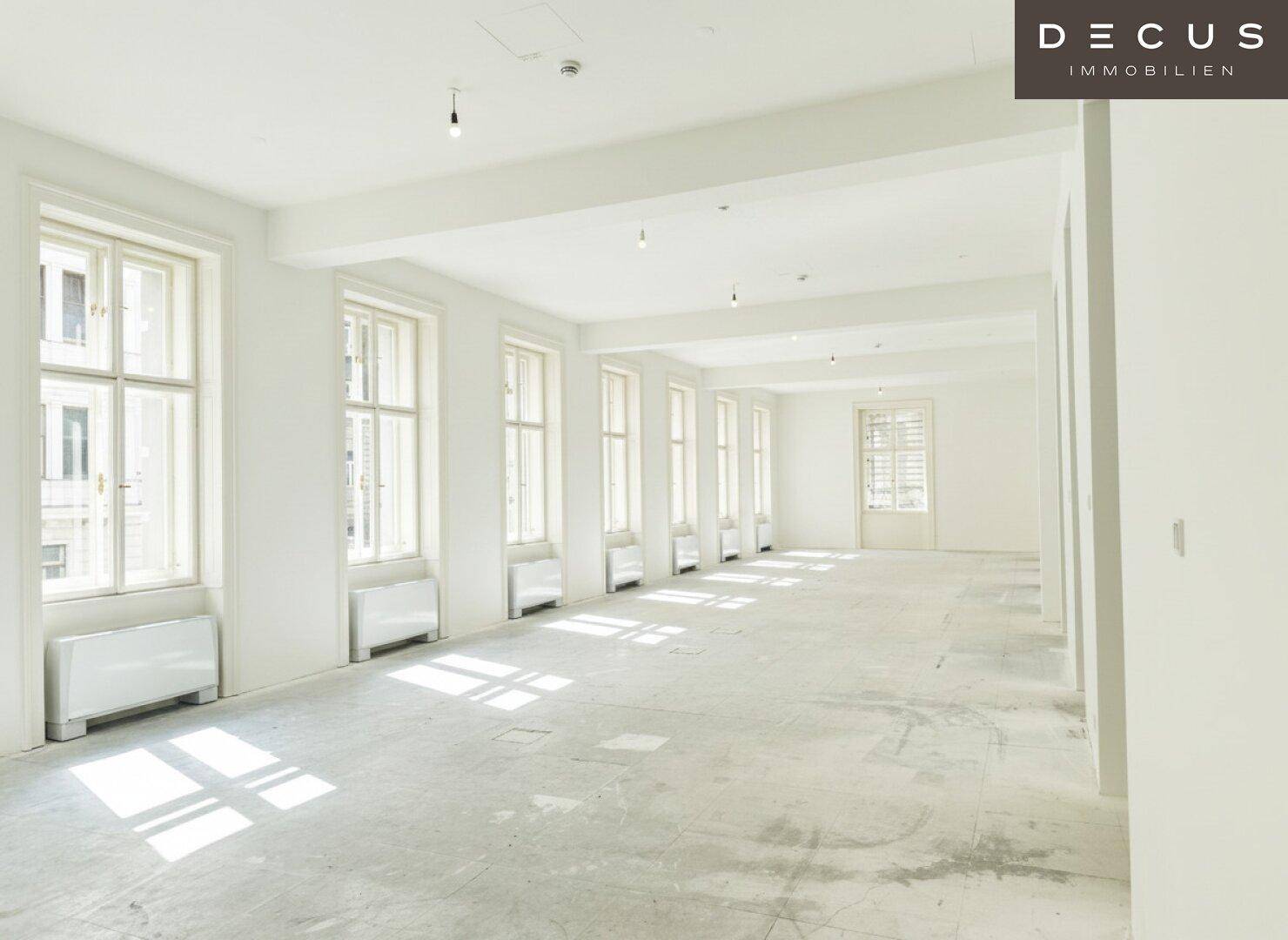 Geräumiger, heller Raum mit zahlreichen Fenstern und hohen Decken, ideal für flexible Nutzung und helle Atmosphäre.
