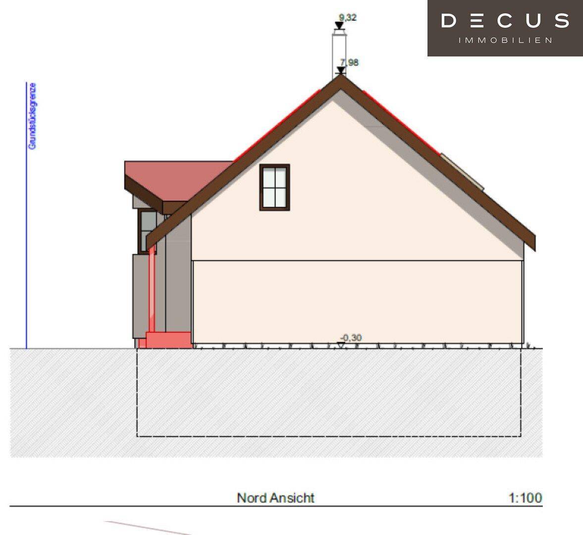 Architektonische Nordansicht des Gebäudes mit Dachneigung und Höhenangaben.