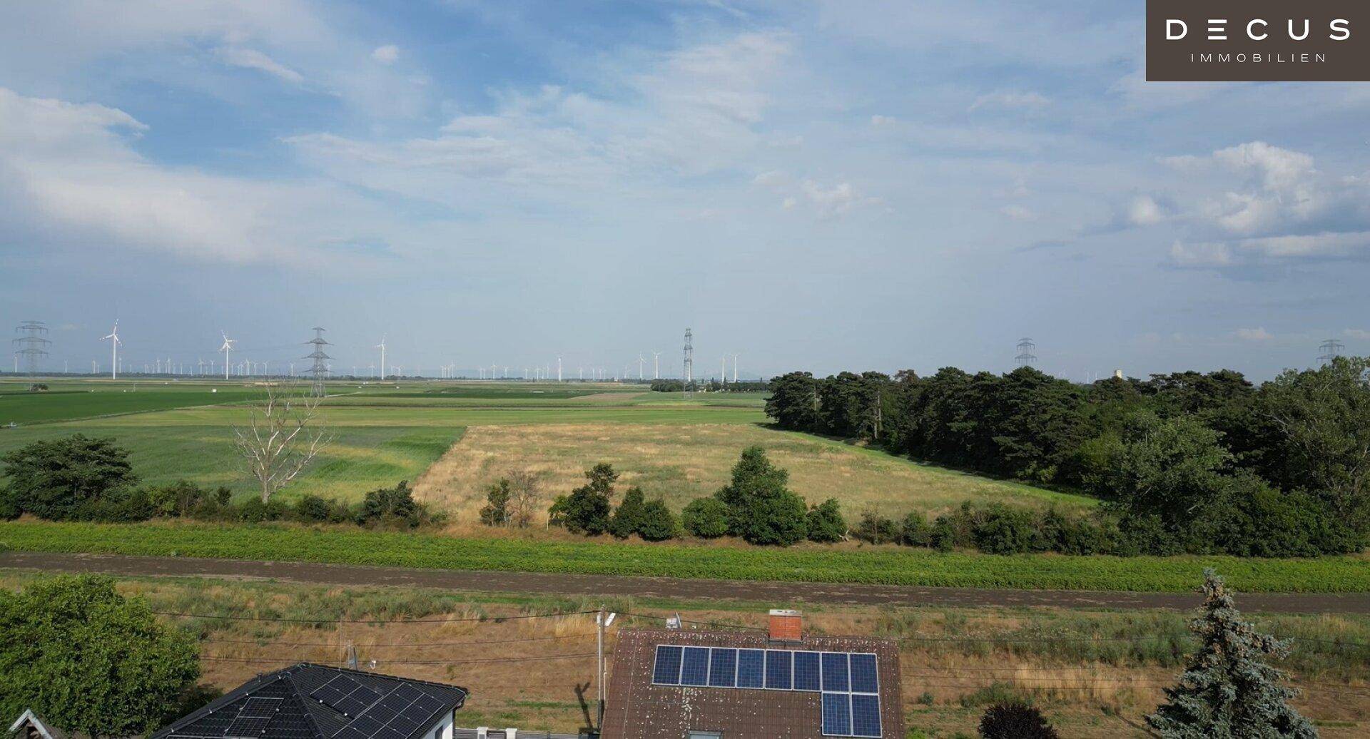 Weitläufige ländliche Landschaft mit Feldern, Bäumen und Windkraftanlagen am Horizont.