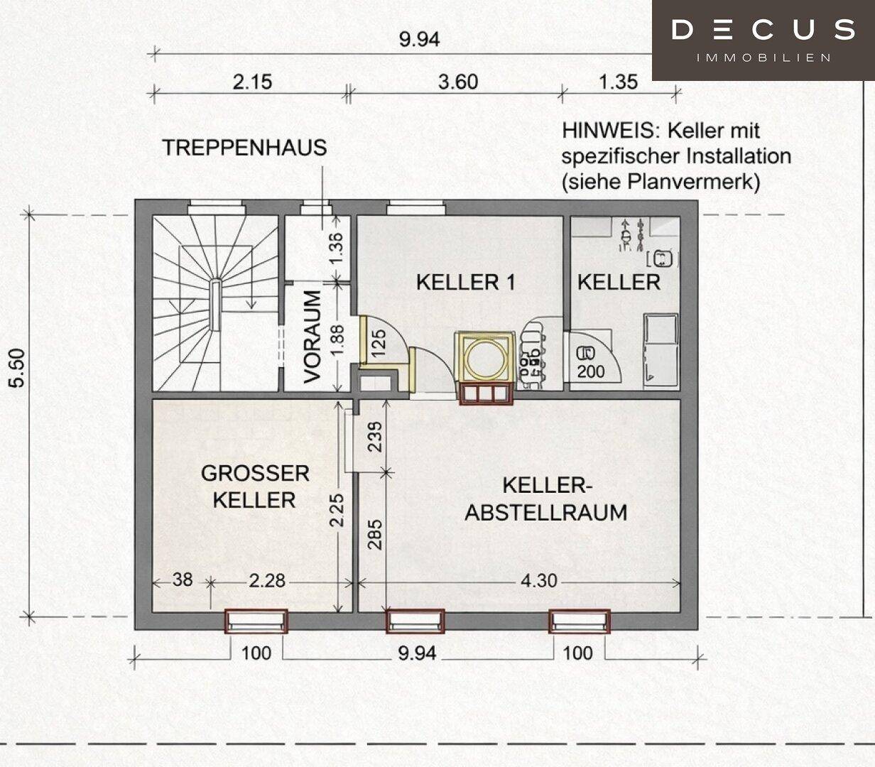 Grundriss des Kellergeschosses mit verschiedenen Abstellräumen und Treppenhaus.