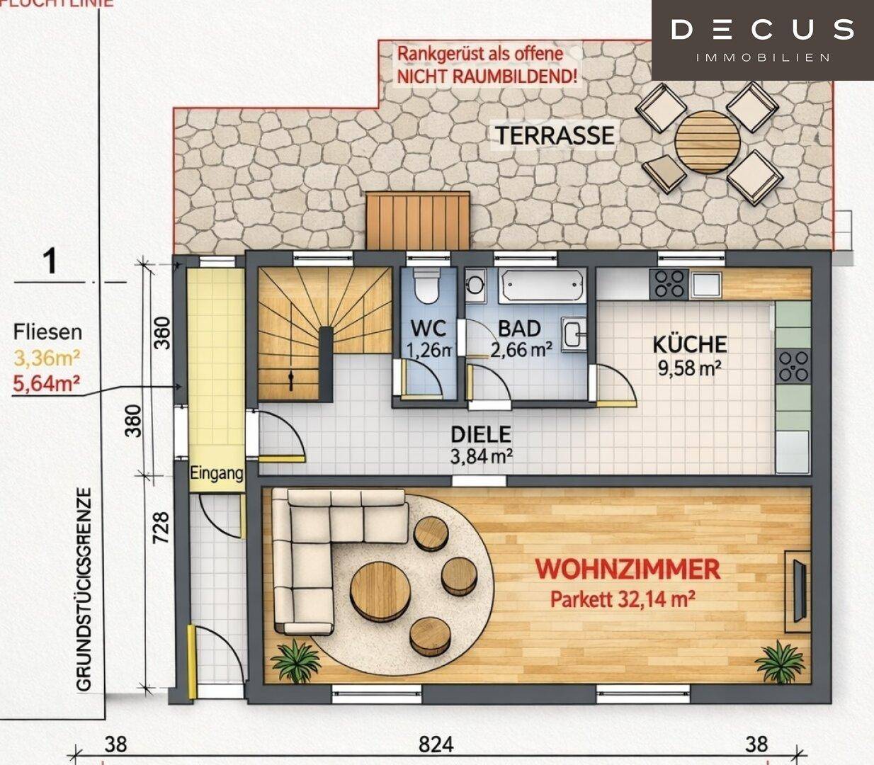 Grundriss des Erdgeschosses mit offenem Wohnzimmer, Küche, Bad und großer Terrasse.