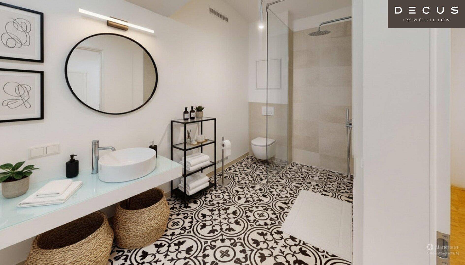 Modernes Badezimmer mit gemusterten Bodenfliesen, Waschtisch und begehbarer Dusche.