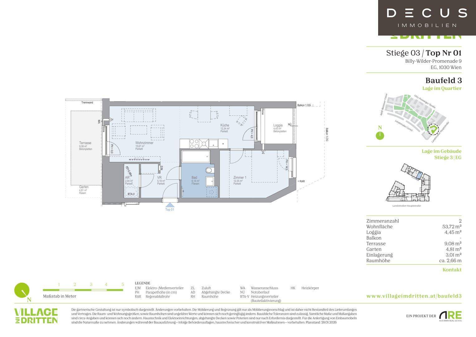 Detaillierter Grundriss einer Wohnung mit Wohnzimmer, Schlafzimmer, Loggia, Terrasse und Garten.