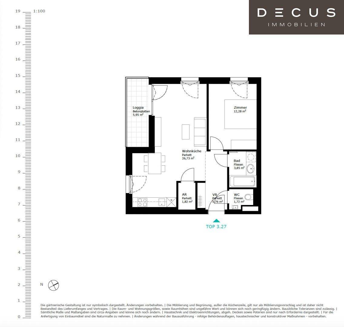 Detaillierter Grundriss einer Wohnung mit Loggia, Wohnküche und separatem WC.