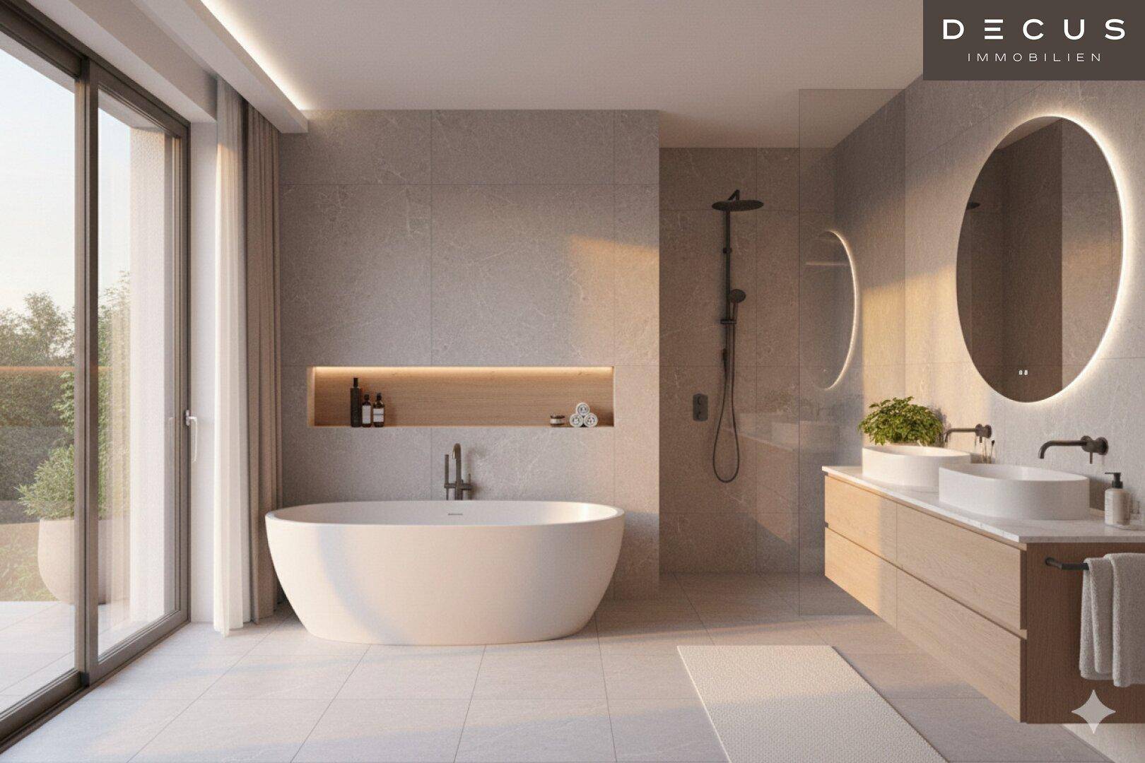 Luxuriöses Badezimmer mit freistehender Badewanne, Doppelwaschbecken und großer begehbarer Dusche.