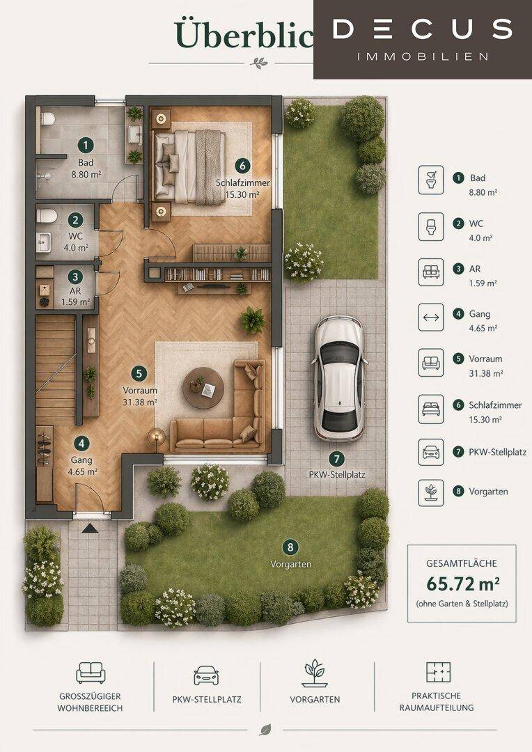 Grundriss des Erdgeschosses mit offenem Wohnbereich, Schlafzimmer, Bad, WC und Garten.