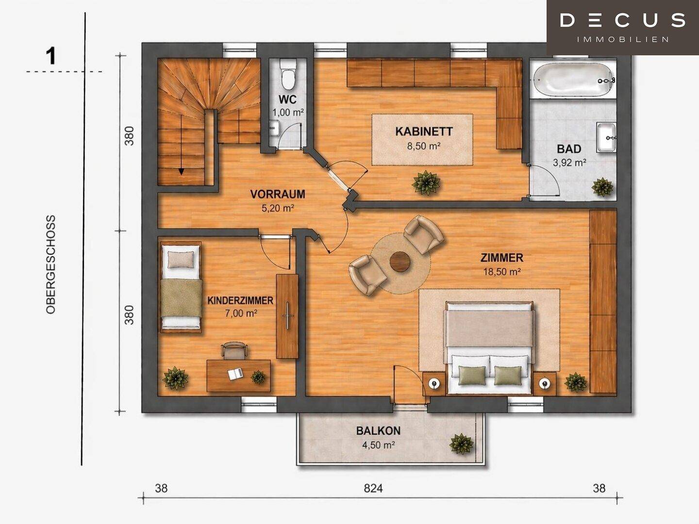 Grundriss des Obergeschosses mit Schlafzimmern, Bad, WC und einem Balkon.