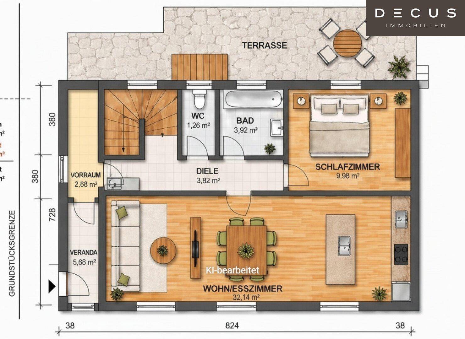 Grundriss des Erdgeschosses mit offenem Wohn-/Esszimmer, Schlafzimmer, Küche und Terrasse.