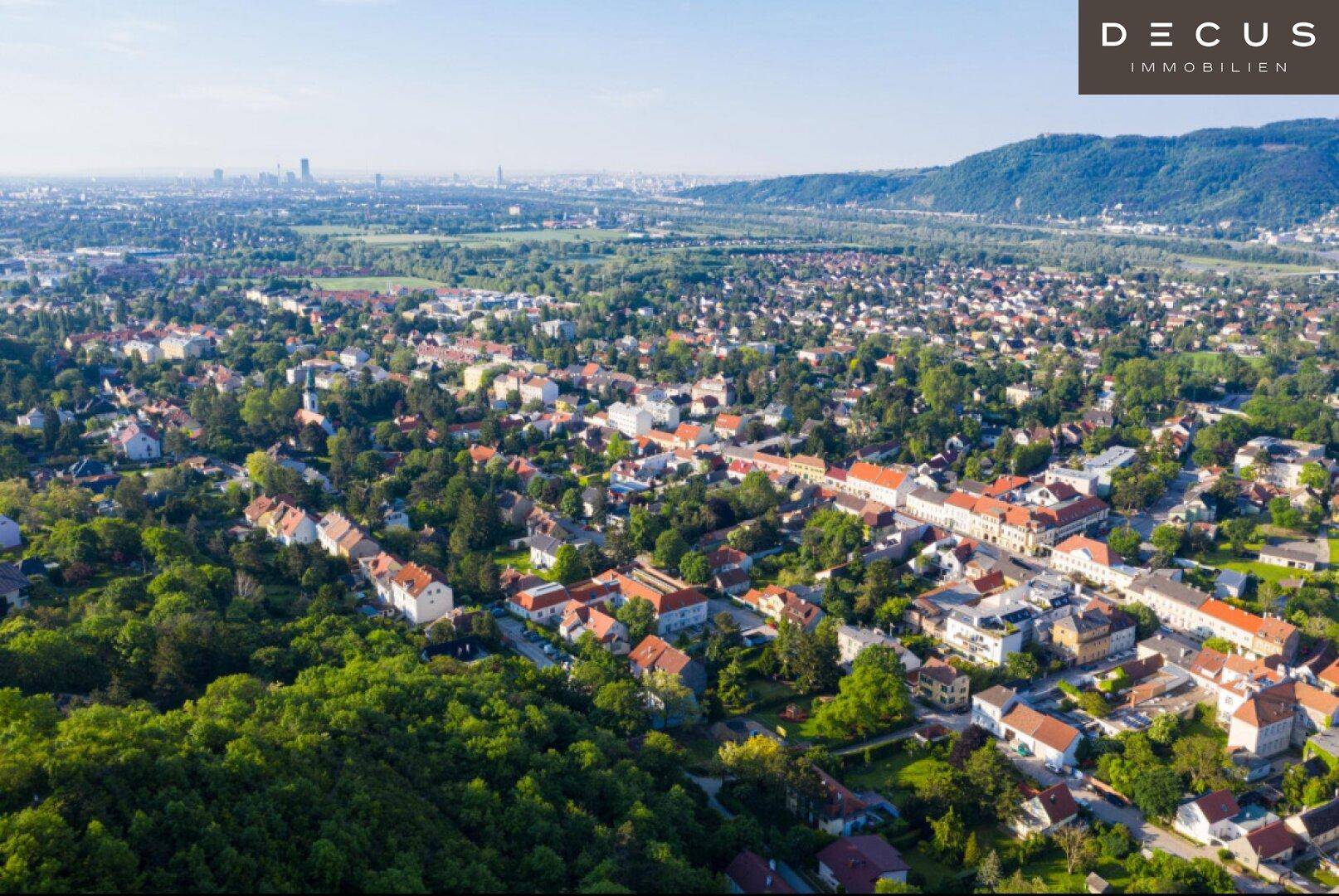 Weitläufige Luftaufnahme einer Stadt mit grünen Hügeln und Bergen im Hintergrund.