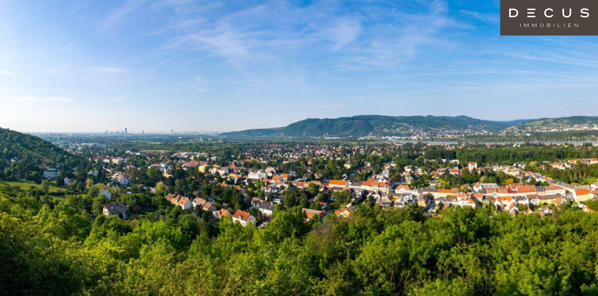 Panoramablick über eine Siedlung mit viel Grün, Bergen und einem Fluss in der Ferne.