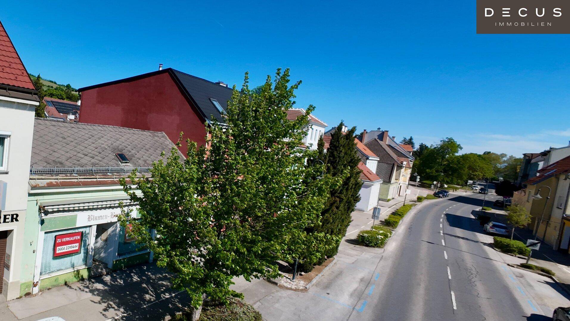 Blick entlang der Straße mit parkenden Autos, Bäumen und Gebäuden unter blauem Himmel.