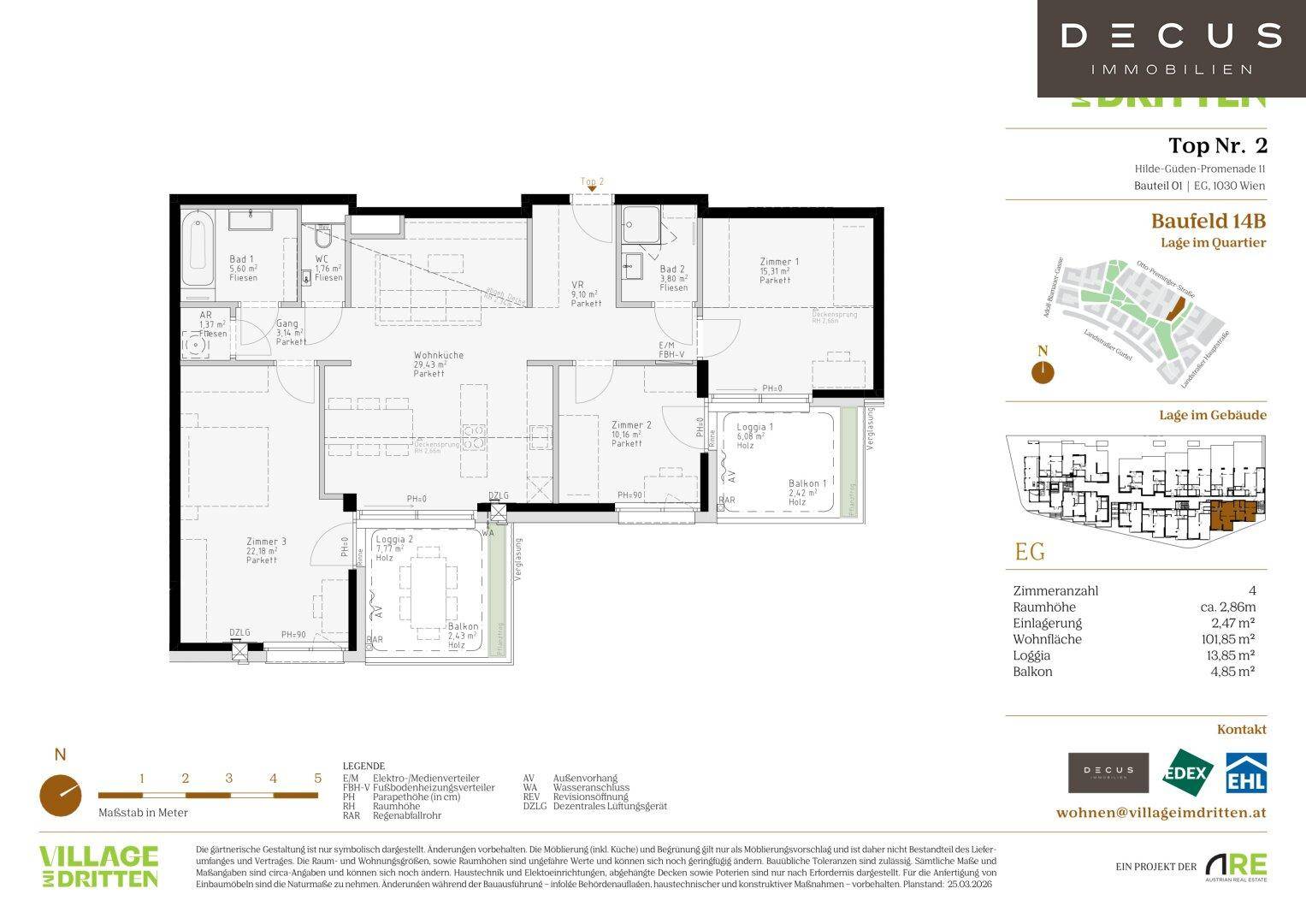 Grundriss des Erdgeschosses mit offenem Wohnbereich, zwei Bädern, separatem WC, Loggia und Balkon.