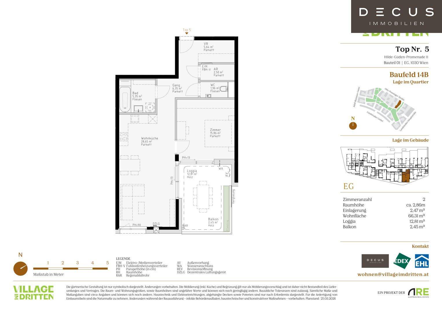 Grundriss einer Wohnung mit offenem Wohn- und Essbereich, separatem Schlafzimmer, Bad, WC, Loggia und Balkon.