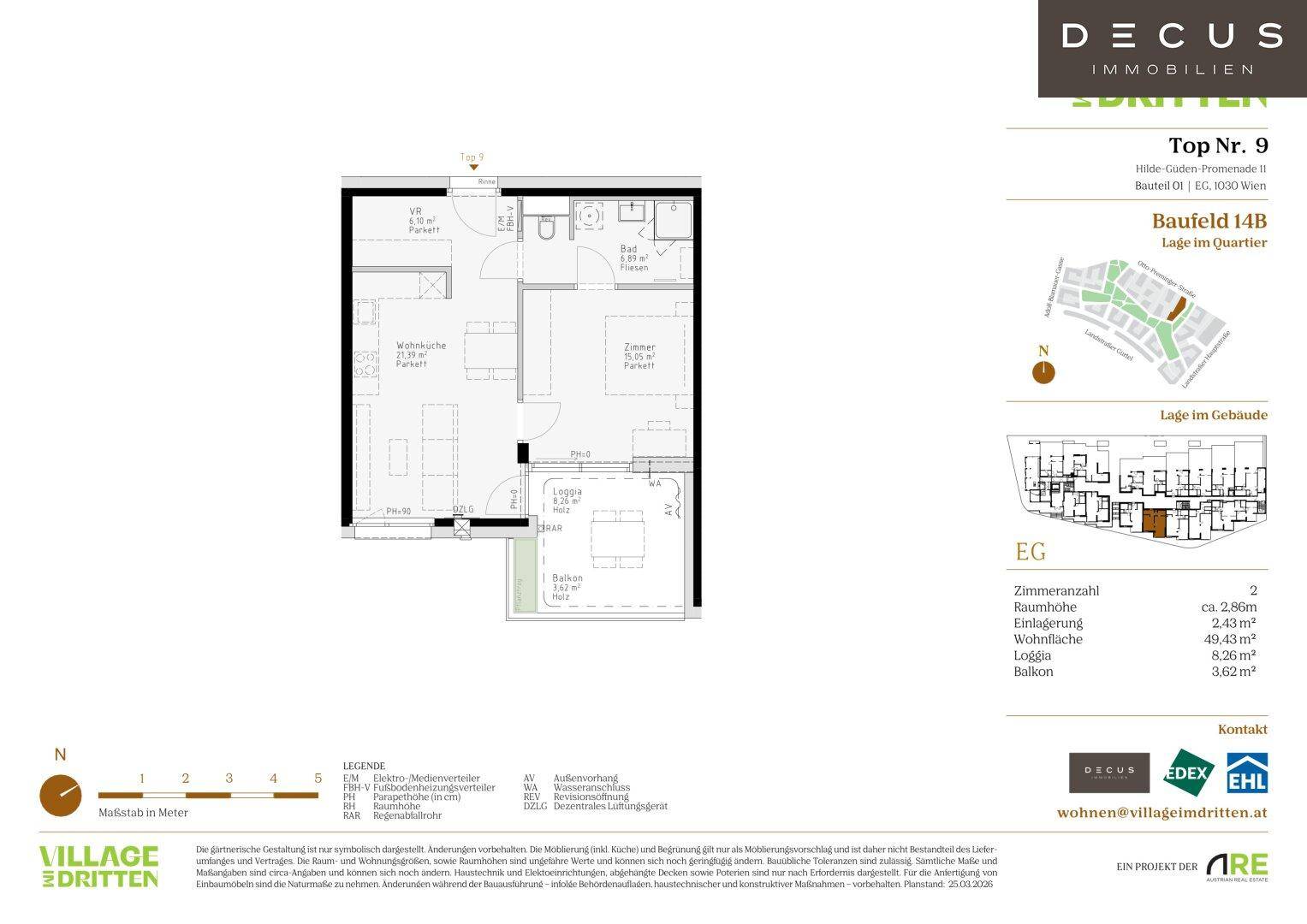 Grundriss einer Wohnung mit offener Wohnküche, einem Schlafzimmer, Bad, separatem WC, Loggia und Balkon.