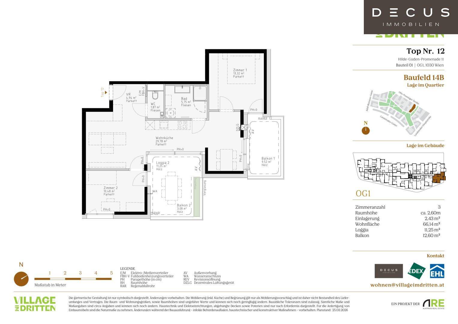 Grundriss der Wohnung Top Nr. 12 zeigt eine effiziente Aufteilung mit Loggia und Balkon.