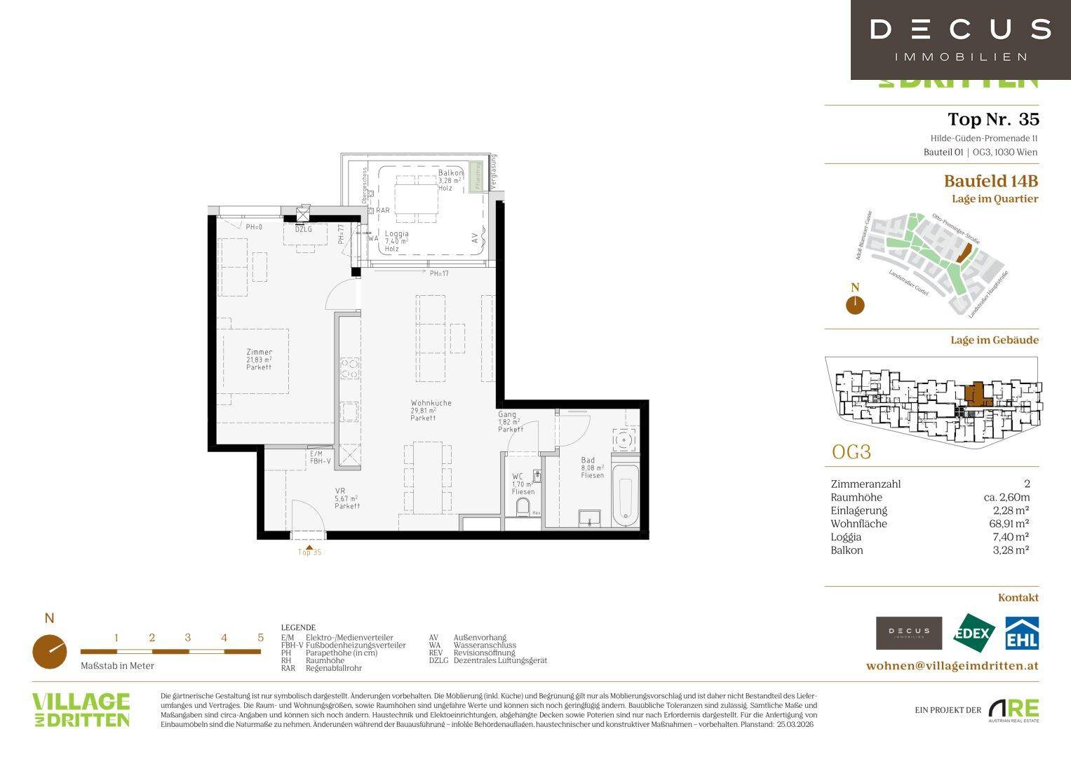 Grundriss einer Wohnung mit offenem Wohnbereich, zwei Zimmern, Bad, separatem WC, Balkon und Loggia.