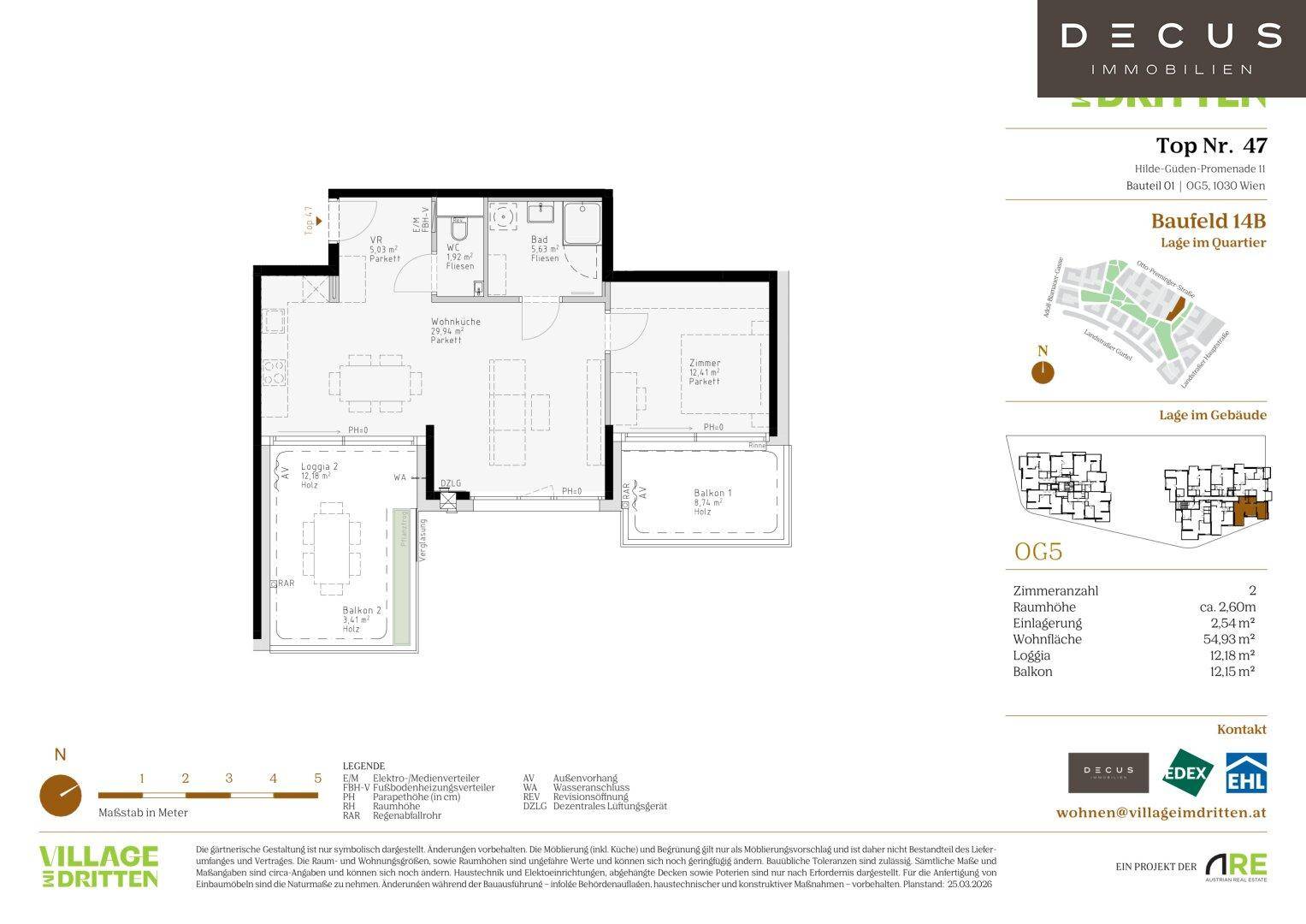 Grundriss einer Wohnung im Obergeschoss mit offenem Wohnbereich, Schlafzimmer, Bad, separatem WC, Loggia und Balkon.