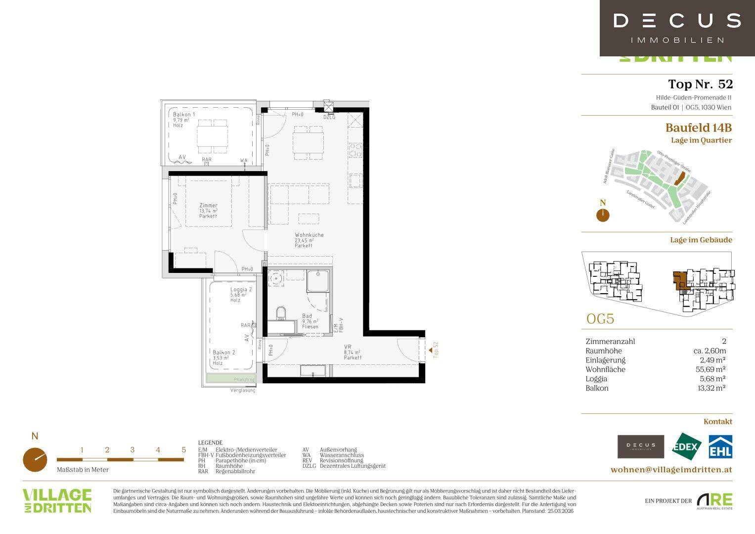 Grundriss einer Wohnung mit offenem Wohnbereich, Balkon und Loggia.
