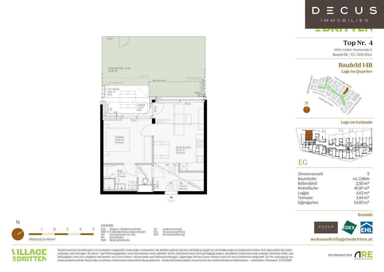Grundriss einer Erdgeschosswohnung mit offener Wohnküche, Schlafzimmer, Bad, separatem WC, Terrasse und eigenem Garten.
