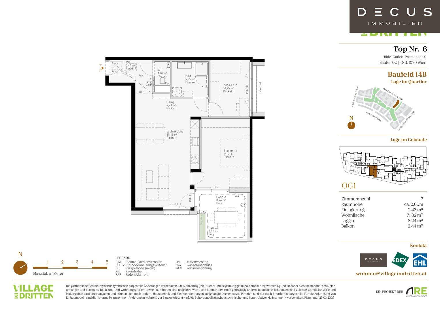 Grundriss einer Wohnung mit offenem Wohn-Essbereich, zwei Schlafzimmern, Bad, separatem WC, Loggia und Balkon.